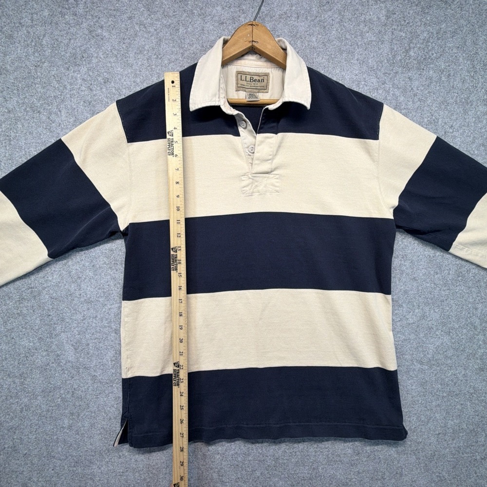 Vintage LL Bean Rugby Shirt Mens Medium Navy Blue Cream Striped Long Sleeve - Picture 3 of 7